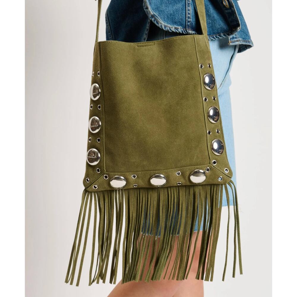 Moda Luxe Olive Green Fringe Suede Tote with Silver Studs NWOT